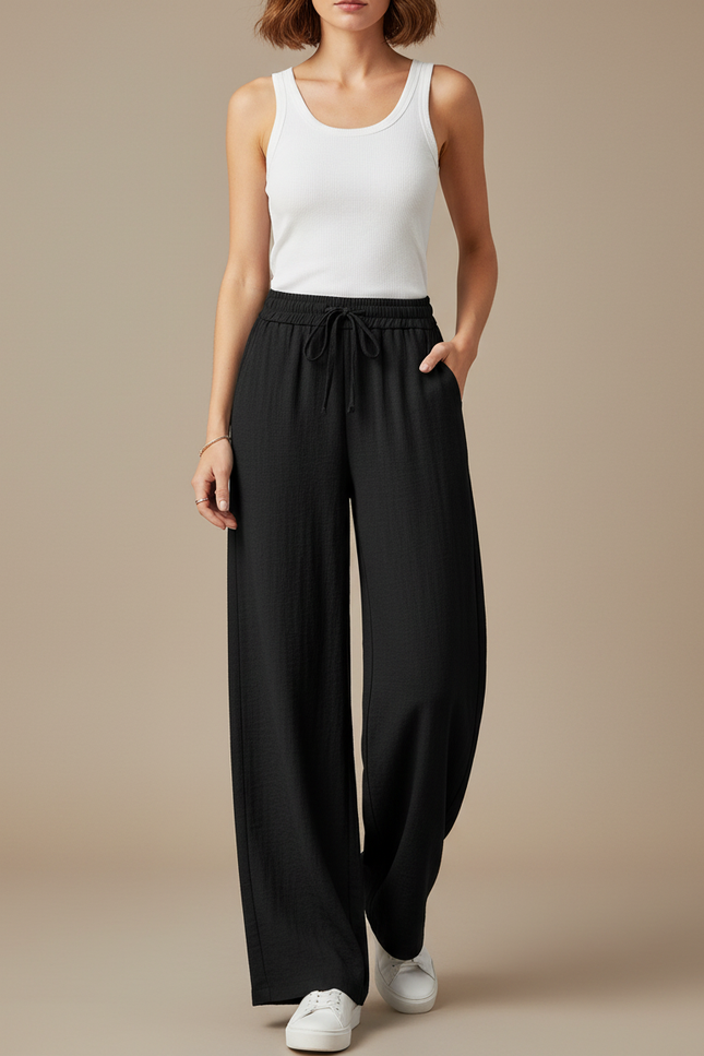 Pantalon Fluide Noir Ample Taille Haute Droit - Lin