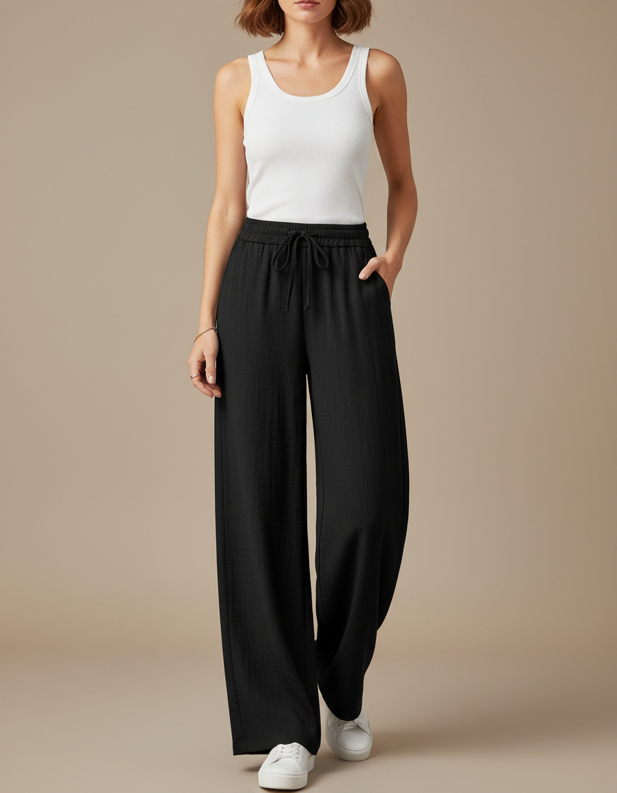 Pantalon Fluide Noir Ample Taille Haute Droit - Lin