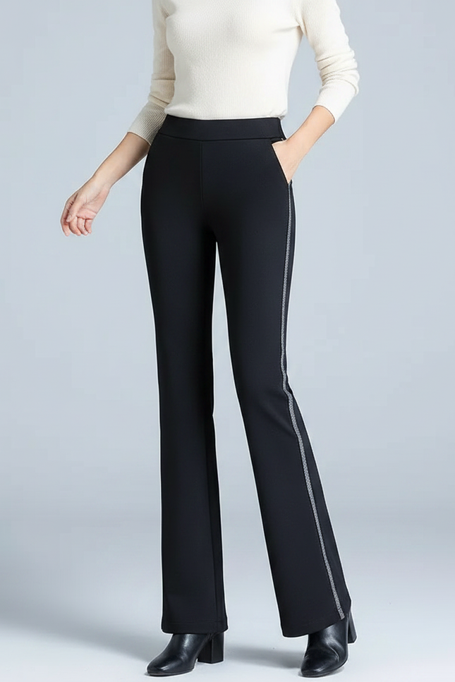 Pantalon Fluide Noir Évasé Rayure Latérale Élégant - Polyester
