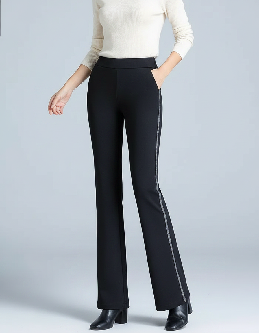 Pantalon Fluide Noir Évasé Rayure Latérale Élégant - Polyester