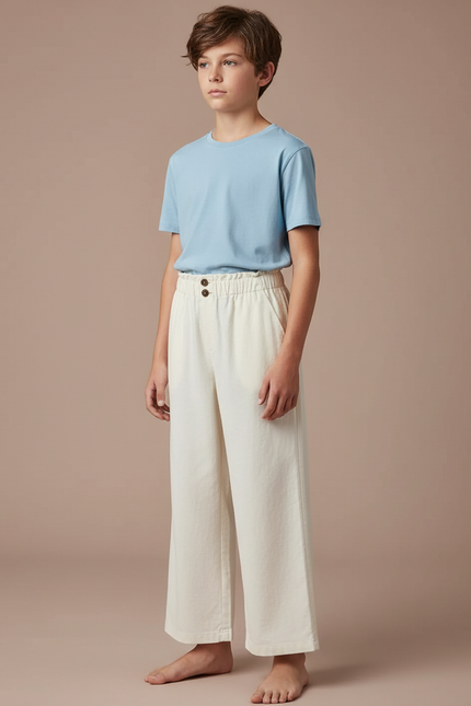 Pantalon Fluide Écru Coton Ample Décontracté Boutons - Beige