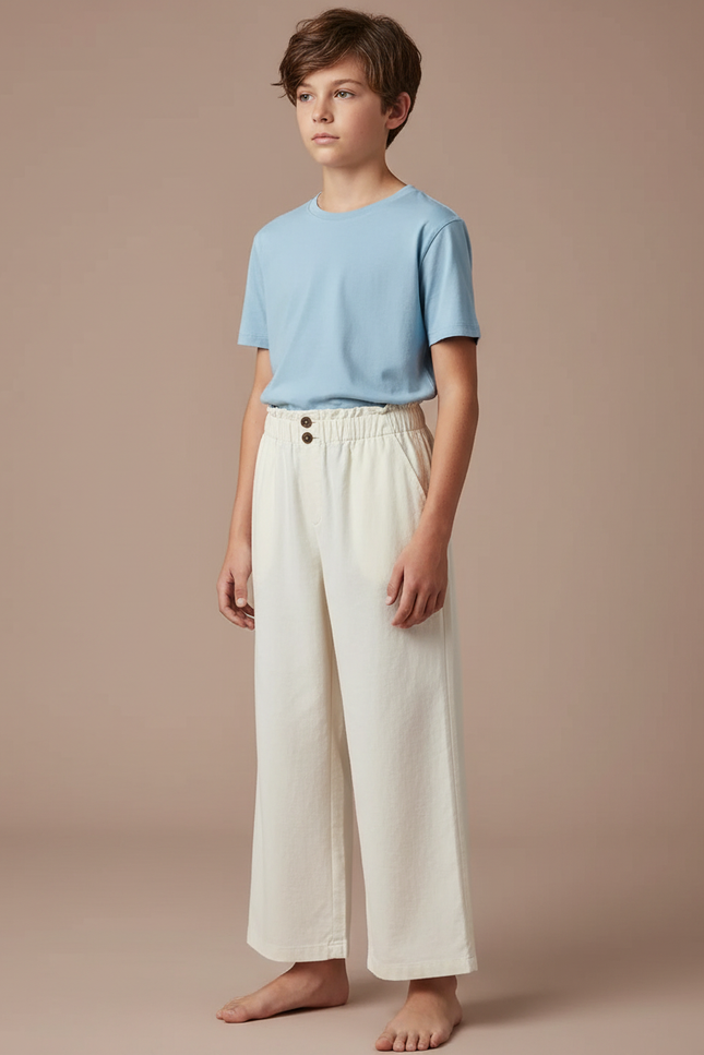 Pantalon Fluide Écru Coton Ample Décontracté Boutons - Beige