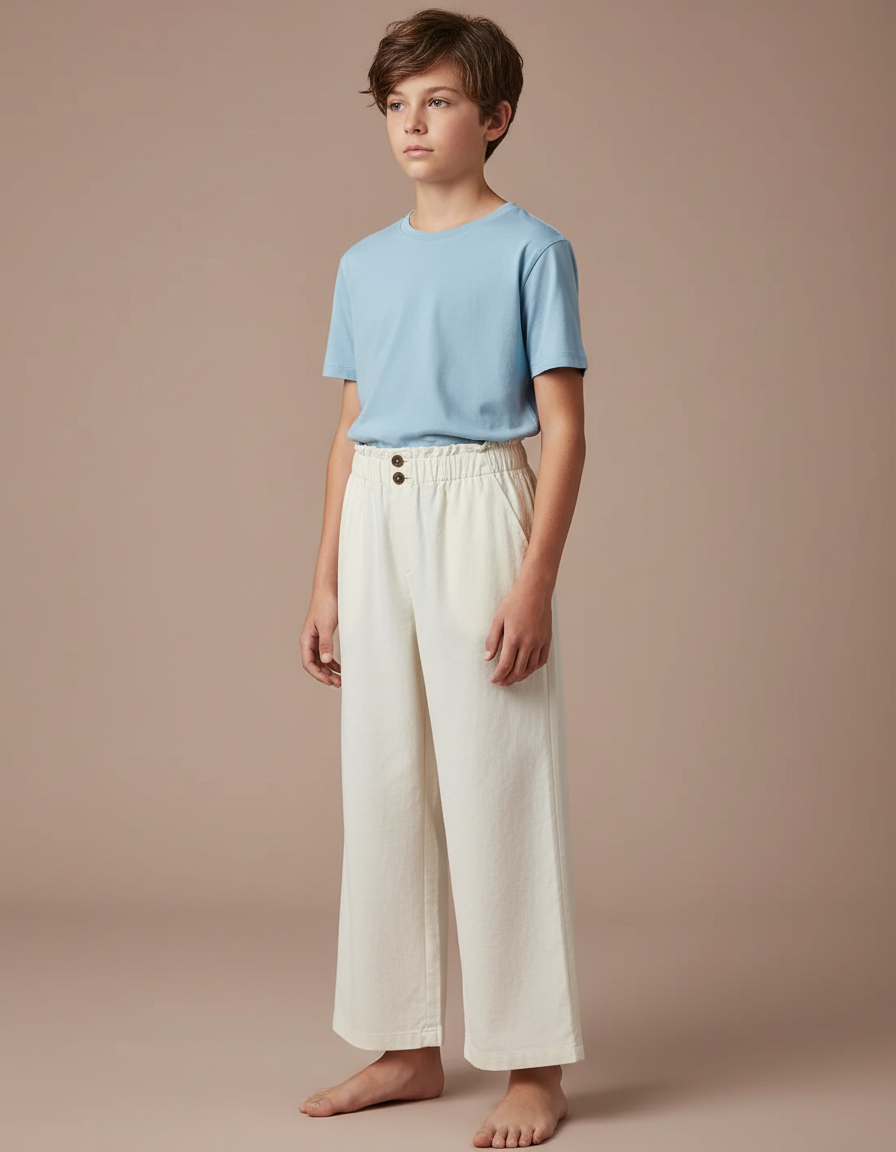 Pantalon Fluide Écru Coton Ample Décontracté Boutons - Beige