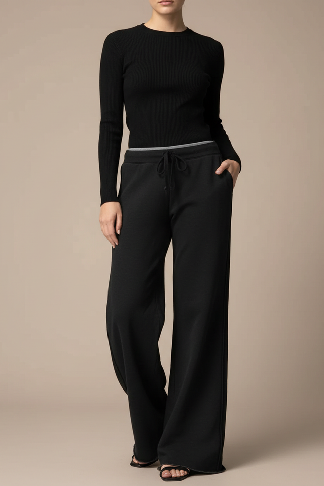 Pantalon Fluide Noir Ample Cordon Taille Élastique - Molleton