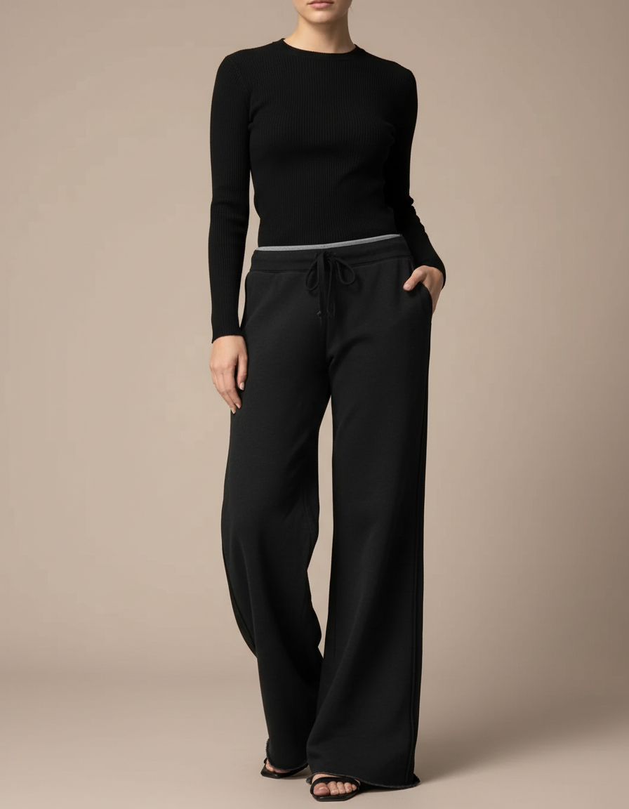 Pantalon Fluide Noir Ample Cordon Taille Élastique - Molleton