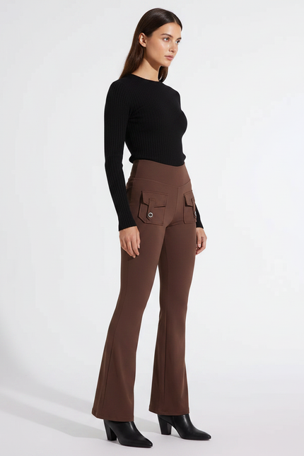 Pantalon Fluide Marron Évasé Poches Taille Haute - Maille
