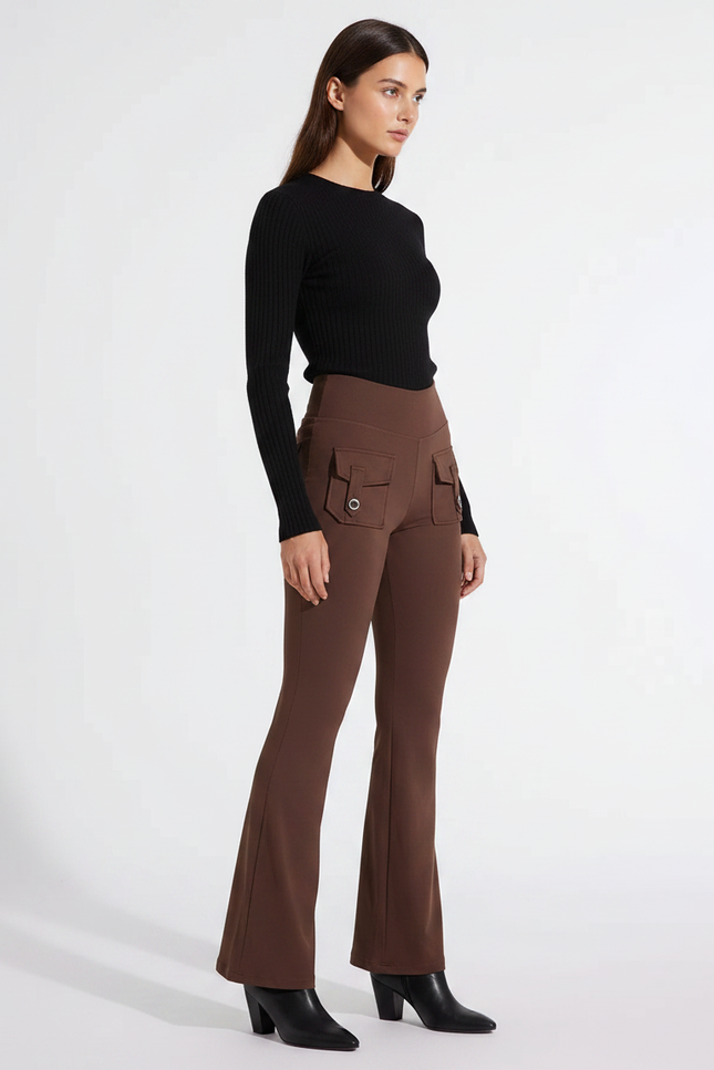 Pantalon Fluide Marron Évasé Poches Taille Haute - Maille