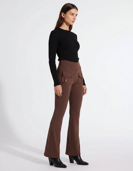 Pantalon Fluide Marron Évasé Poches Taille Haute - Maille