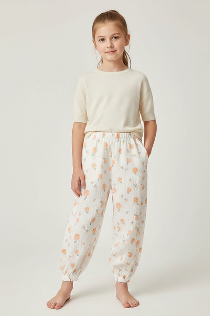 Pantalon Fluide Blanc Imprimé Orange Enfant Léger - Coton