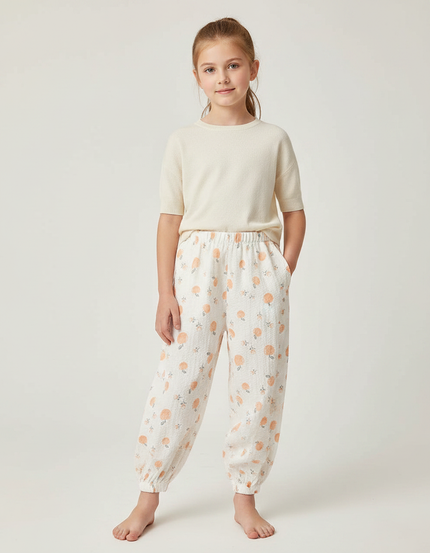 Pantalon Fluide Blanc Imprimé Orange Enfant Léger - Coton