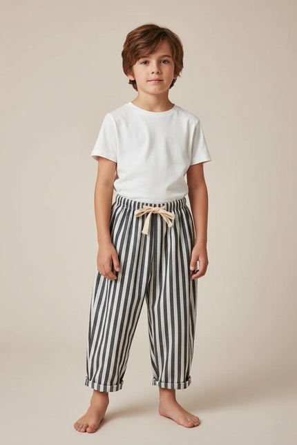 Pantalon Fluide Rayé Noir Blanc Coton Ample Enfant - Imprimé
