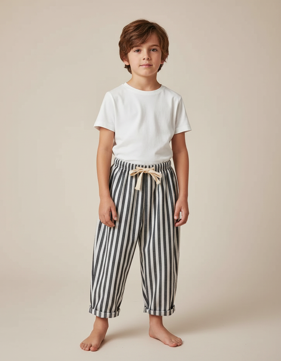 Pantalon Fluide Rayé Noir Blanc Coton Ample Enfant - Imprimé