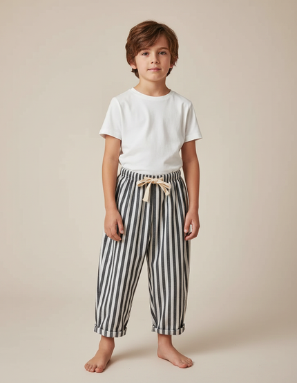 Pantalon Fluide Rayé Noir Blanc Coton Ample Enfant - Imprimé
