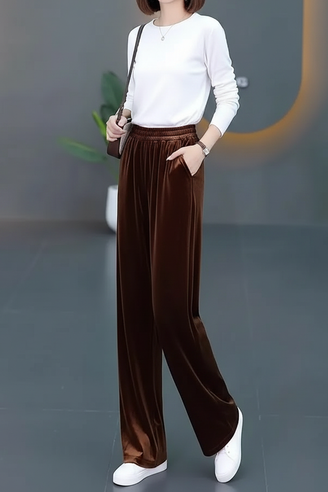 Pantalon Fluide Velours Marron Ample Élastique Femme