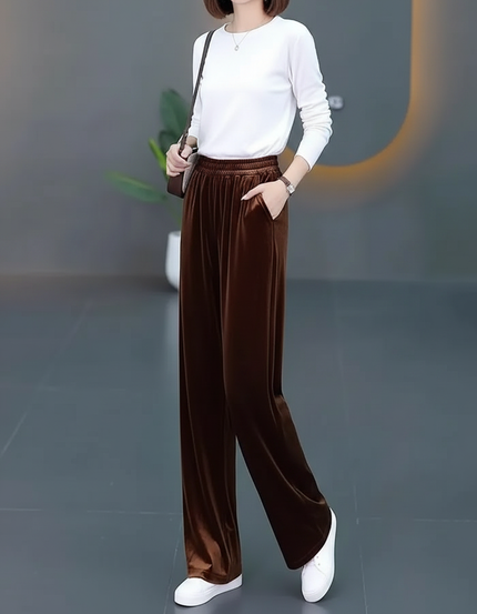Pantalon Fluide Velours Marron Ample Élastique Femme