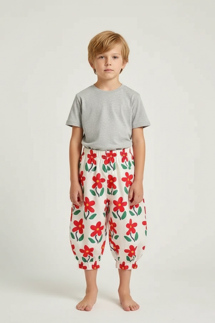 Pantalon Fluide Blanc Floral Rouge Ample Enfant - Imprimé Coton