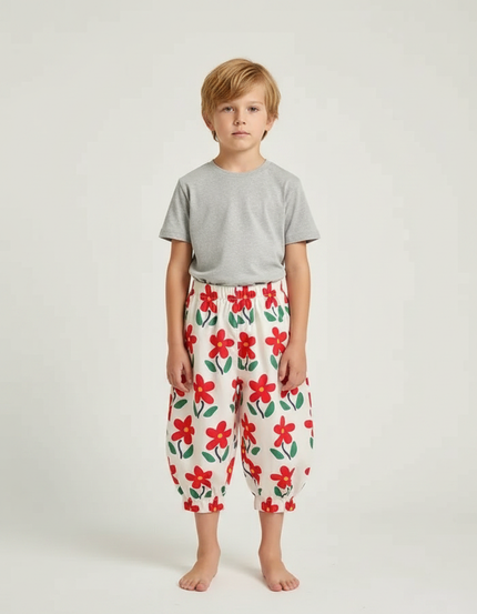 Pantalon Fluide Blanc Floral Rouge Ample Enfant - Imprimé Coton