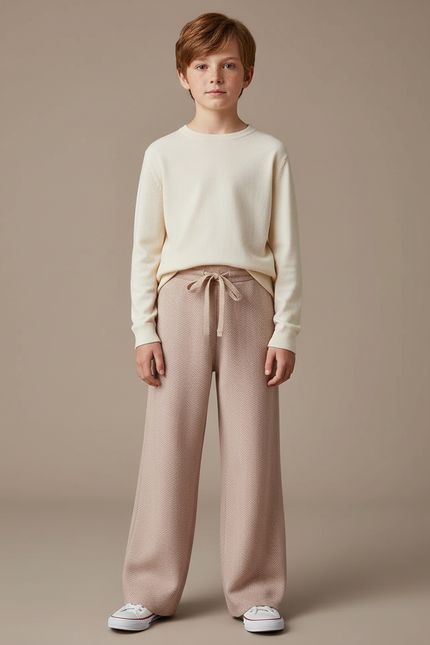 Pantalon Fluide Beige Chevrons Tricoté Ample Confortable Enfant - Maille