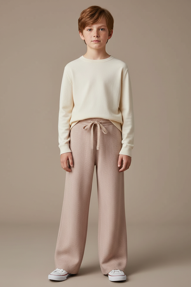 Pantalon Fluide Beige Chevrons Tricoté Ample Confortable Enfant - Maille