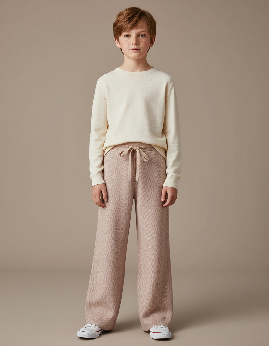 Pantalon Fluide Beige Chevrons Tricoté Ample Confortable Enfant - Maille