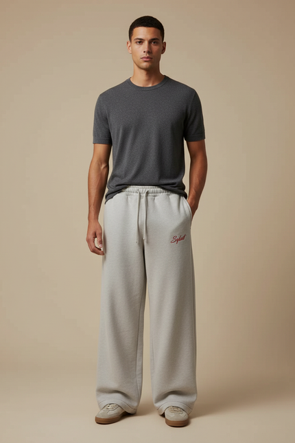 Pantalon Fluide Gris Ample Décontracté Brodé Homme - Molleton