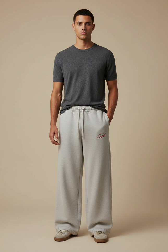 Pantalon Fluide Gris Ample Décontracté Brodé Homme - Molleton