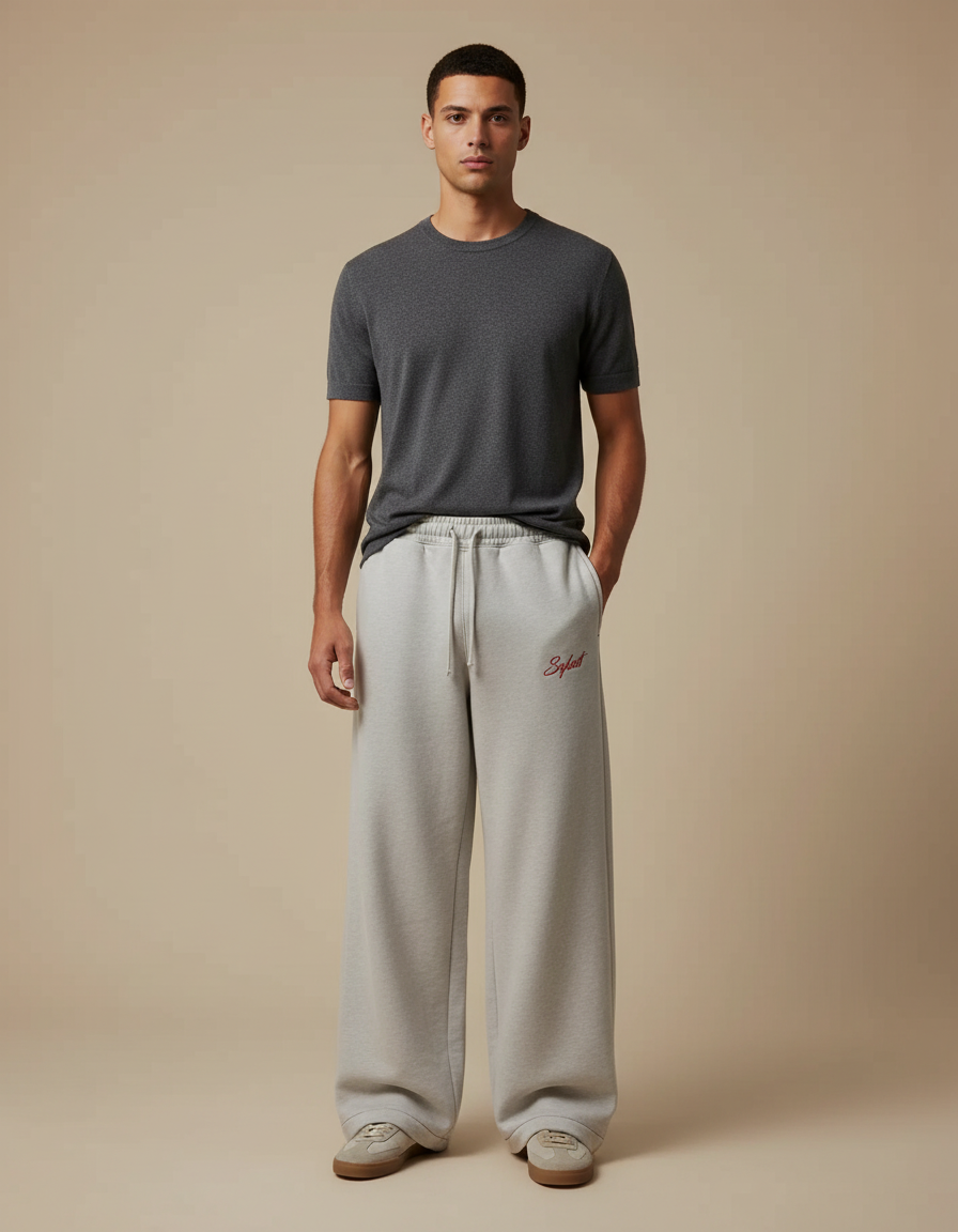 Pantalon Fluide Gris Ample Décontracté Brodé Homme - Molleton