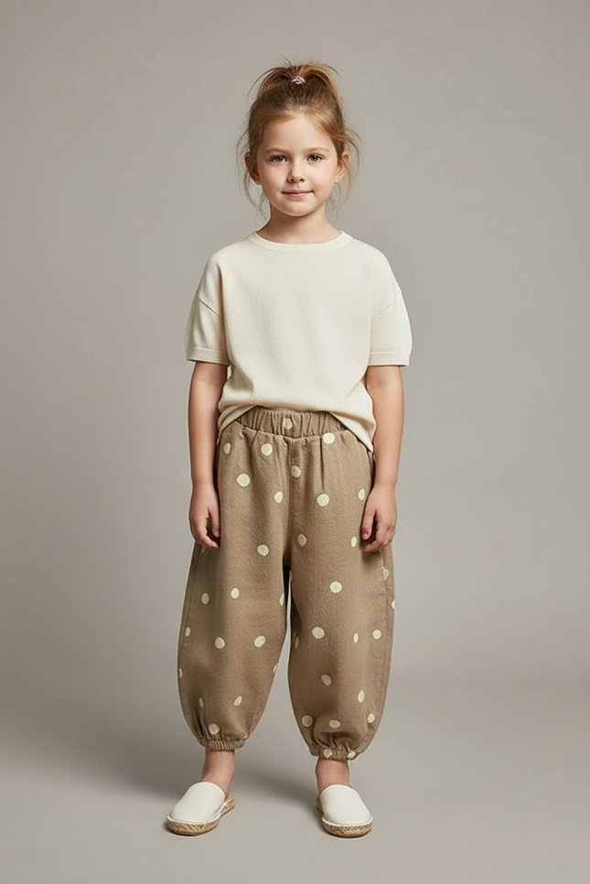 Pantalon Fluide Beige Ample Pois Coton Enfant