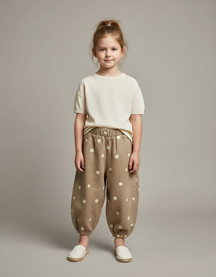 Pantalon Fluide Beige Ample Pois Coton Enfant