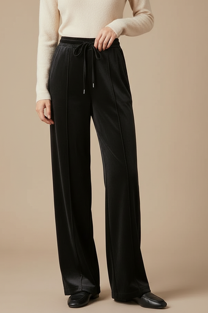 Pantalon Fluide Noir Velours Ample Cordon Décontracté