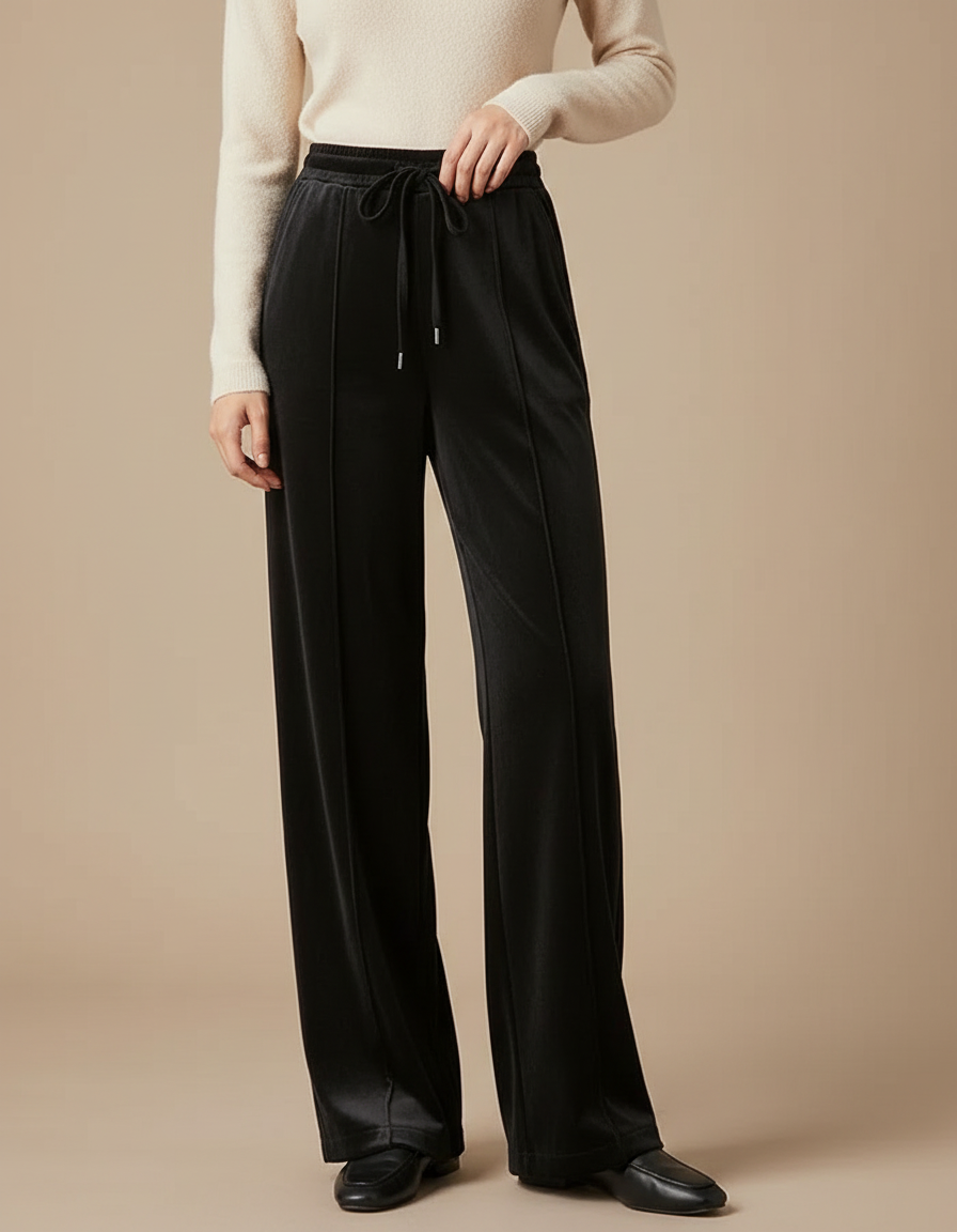 Pantalon Fluide Noir Velours Ample Cordon Décontracté
