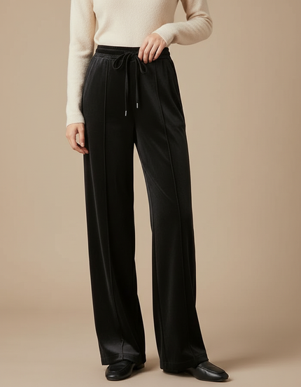 Pantalon Fluide Noir Velours Ample Cordon Décontracté