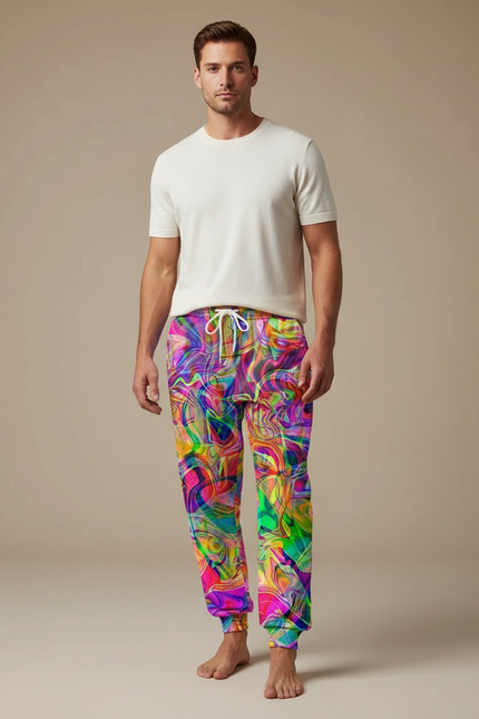 Pantalon Fluide Imprimé Abstrait Coloré Ample Sportswear Homme - Multicolore Polyester