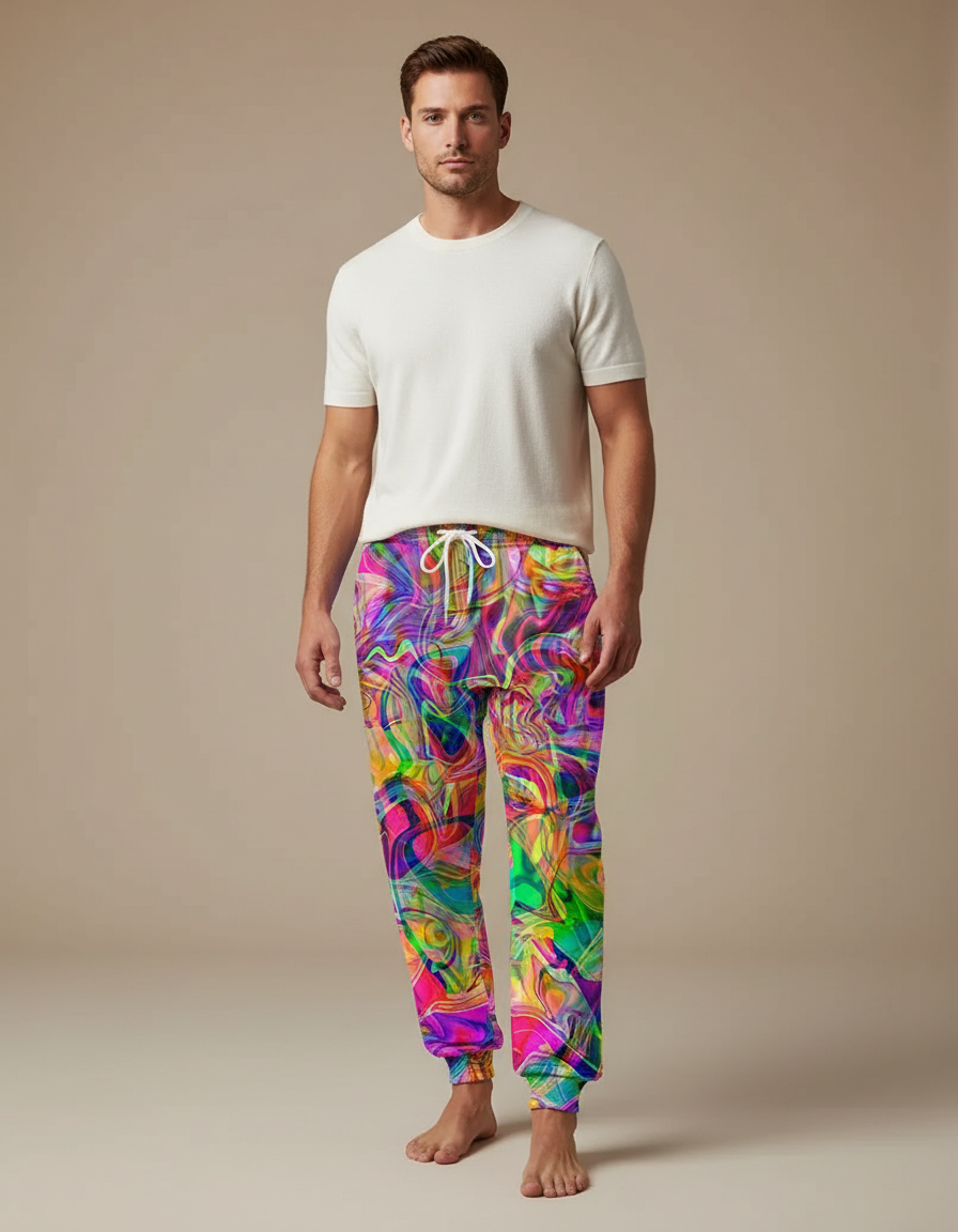 Pantalon Fluide Imprimé Abstrait Coloré Ample Sportswear Homme - Multicolore Polyester