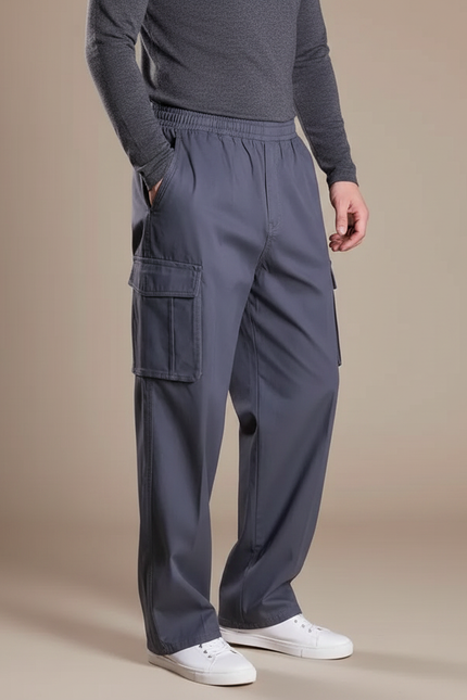 Pantalon Fluide Cargo Gris Homme Ample Décontracté - Polyester