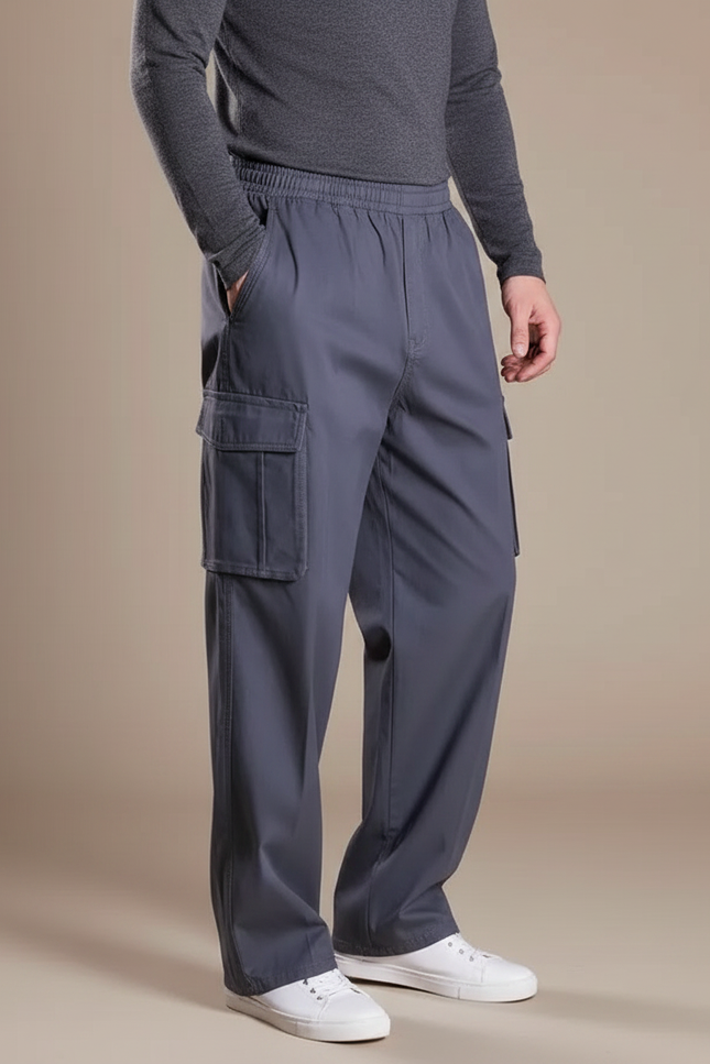 Pantalon Fluide Cargo Gris Homme Ample Décontracté - Polyester