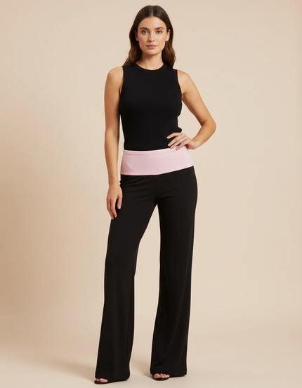 Pantalon Fluide Noir Ample Bande Rose Décontracté - Viscose