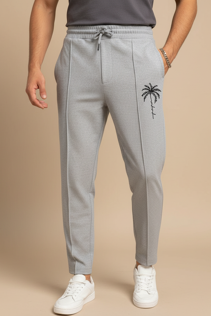 Pantalon Fluide Gris Slim Motif Palmier Homme - Polyester