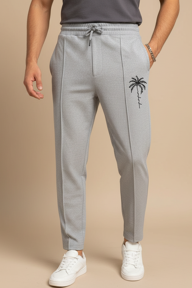 Pantalon Fluide Gris Slim Motif Palmier Homme - Polyester