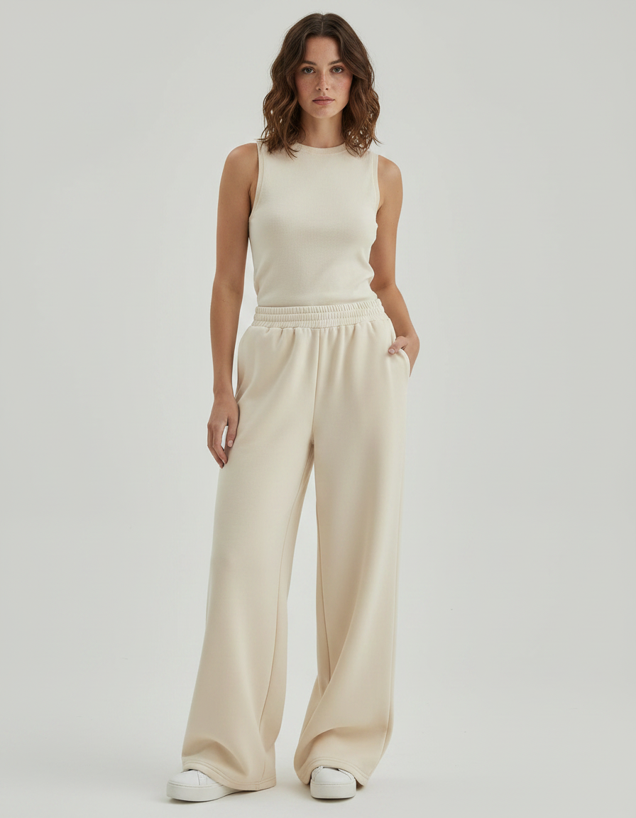 Pantalon Fluide Beige Coton Ample Décontracté Jogger - Molleton