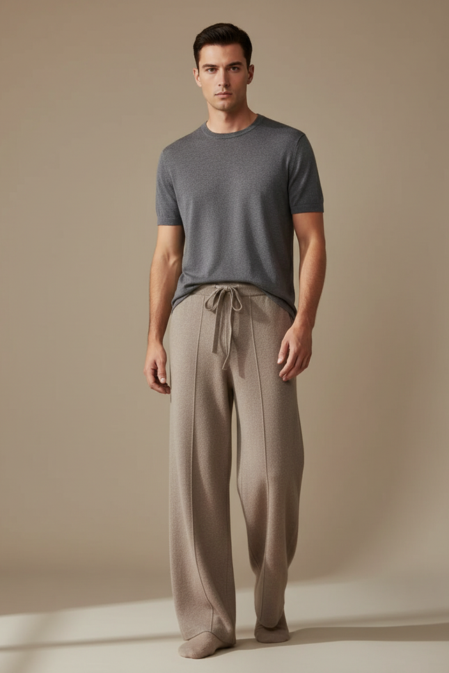 Pantalon Fluide Gris Ample Laine Tricoté Décontracté Homme - Beige