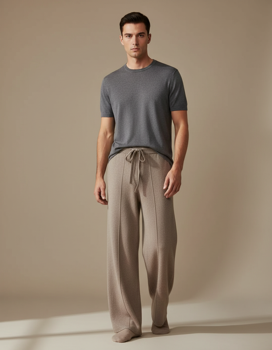 Pantalon Fluide Gris Ample Laine Tricoté Décontracté Homme - Beige