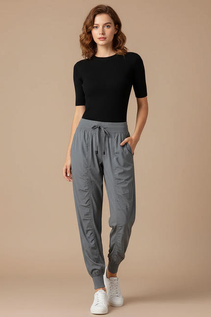 Pantalon Fluide Gris Cordon Ample Sport Femme - Polyester