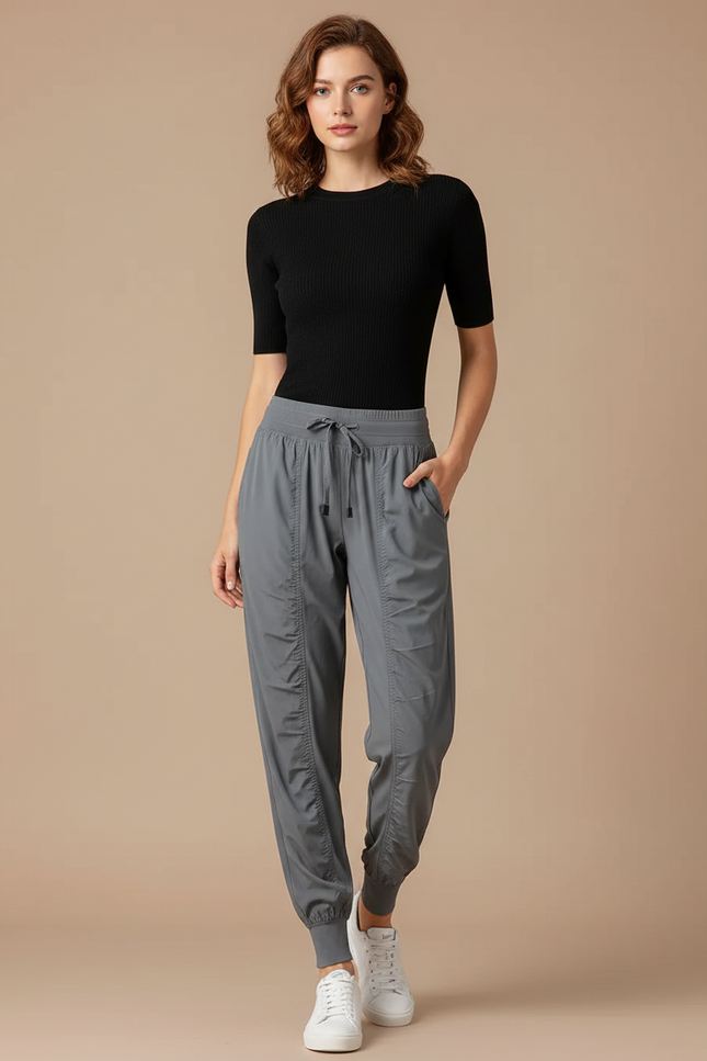 Pantalon Fluide Gris Cordon Ample Sport Femme - Polyester