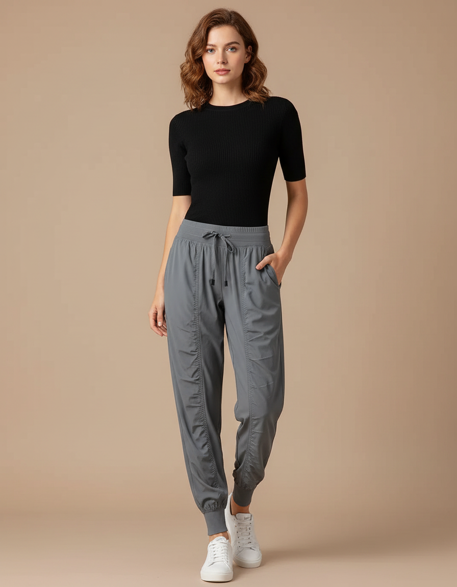 Pantalon Fluide Gris Cordon Ample Sport Femme - Polyester