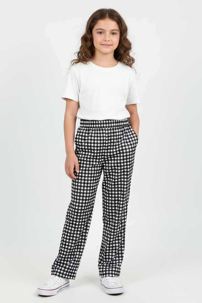 Pantalon Fluide Carreaux Noir Blanc Fille Ample - Imprimé Viscose