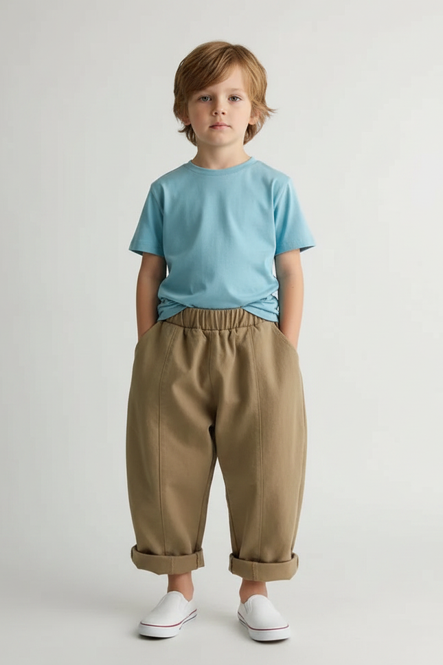Pantalon Fluide Garçon Kaki Coupe Ample Coton Mi-saison - Beige Gabardine