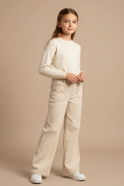 Pantalon Fluide Beige Côtelé Large Décontracté Poches - Cordé