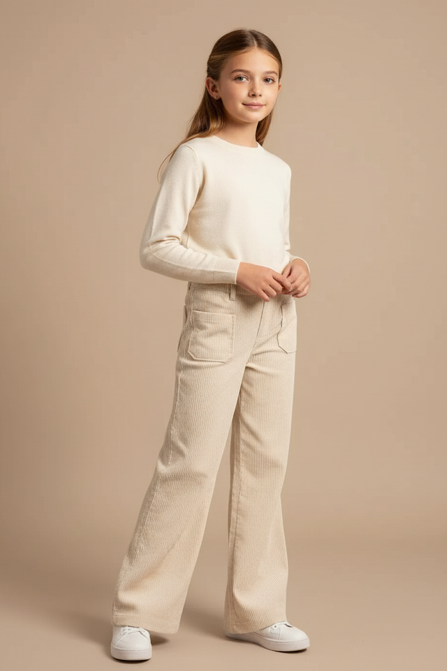 Pantalon Fluide Beige Côtelé Large Décontracté Poches - Cordé