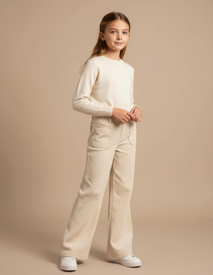 Pantalon Fluide Beige Côtelé Large Décontracté Poches - Cordé